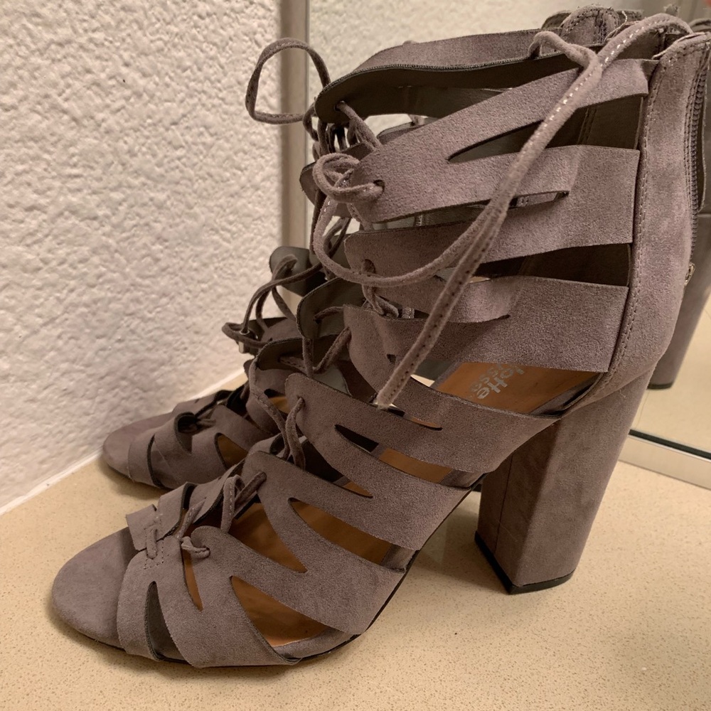 Gray Suede lace up heels